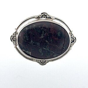 Estate Sterling Silver 925 Oval Pin Brooch with Large Dark Jasper Gemstone 50mm